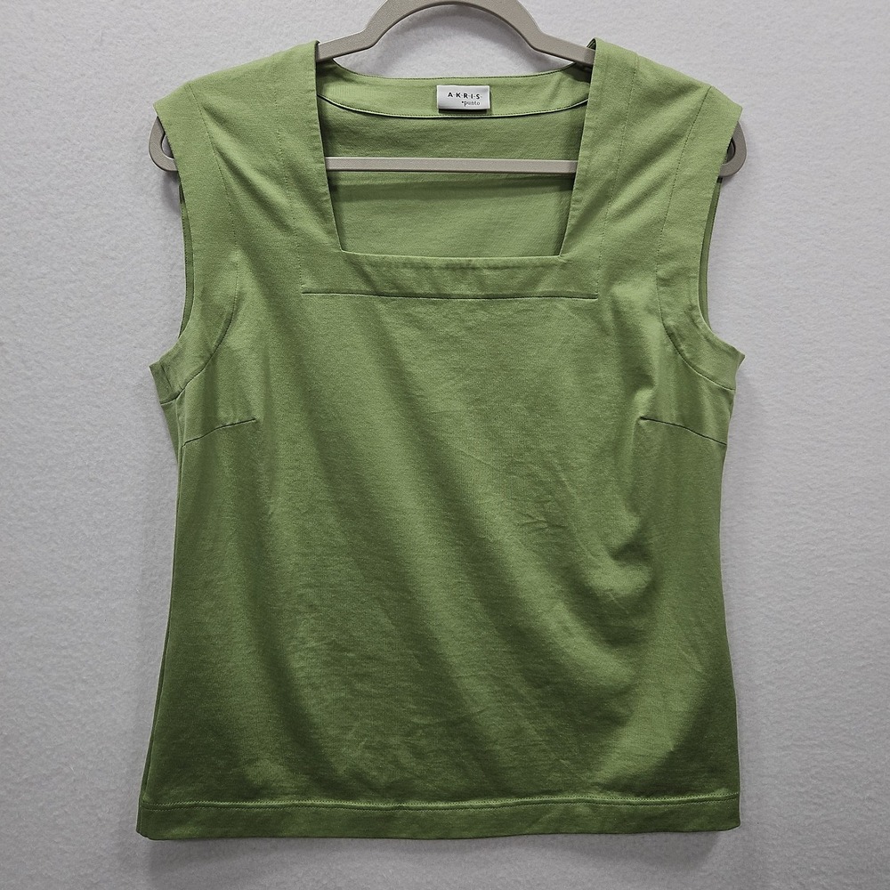 Akris Punto Size 12 Green Square Neck Cotton Tank Top Sleeveless Stretch